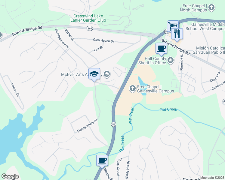 map of restaurants, bars, coffee shops, grocery stores, and more near 3020 McEver Road in Gainesville