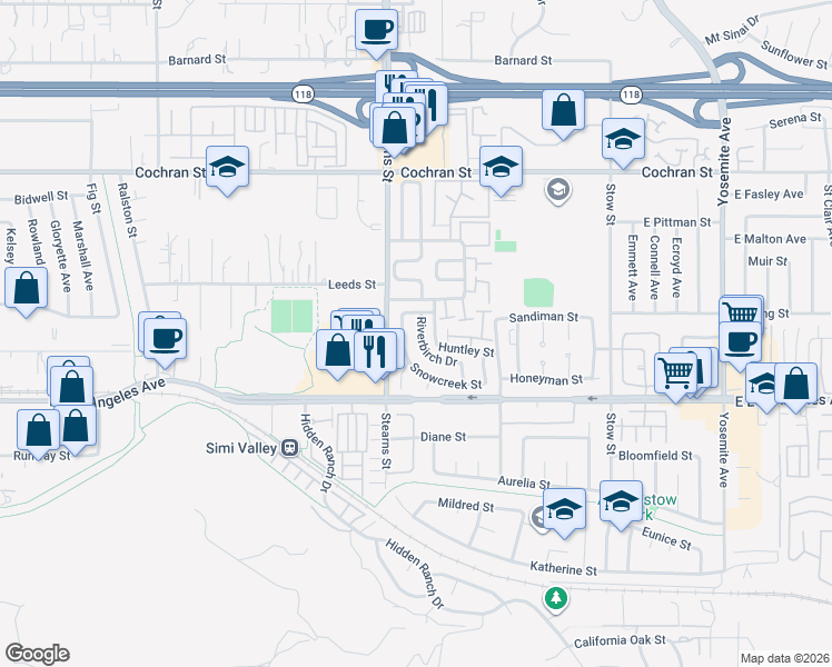 map of restaurants, bars, coffee shops, grocery stores, and more near 2079 Riverbirch Drive in Simi Valley
