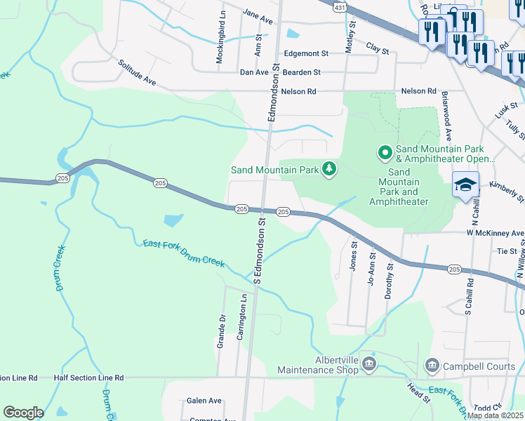 map of restaurants, bars, coffee shops, grocery stores, and more near 1105 West Main Street in Albertville