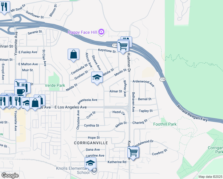 map of restaurants, bars, coffee shops, grocery stores, and more near 6421 Almar Street in Simi Valley