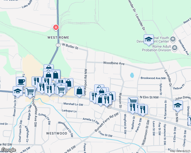 map of restaurants, bars, coffee shops, grocery stores, and more near 34 Ohio Drive Northwest in Rome