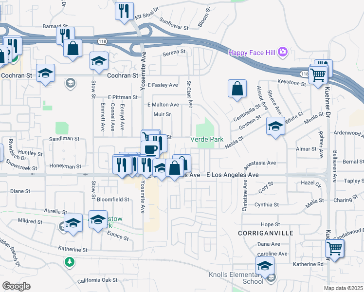 map of restaurants, bars, coffee shops, grocery stores, and more near 5945 Nelda Street in Simi Valley