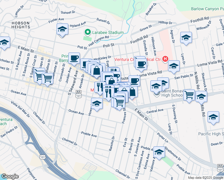 map of restaurants, bars, coffee shops, grocery stores, and more near 2674 East Main Street in Ventura
