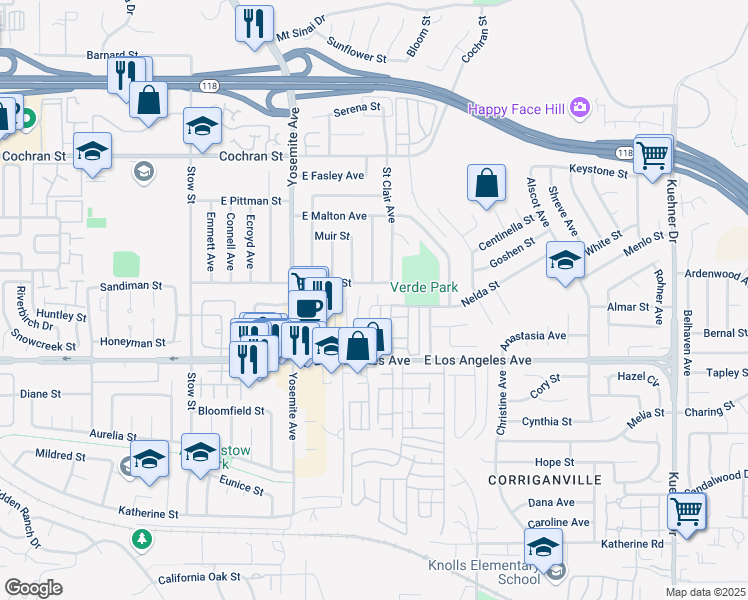 map of restaurants, bars, coffee shops, grocery stores, and more near 5945 Nelda Street in Simi Valley