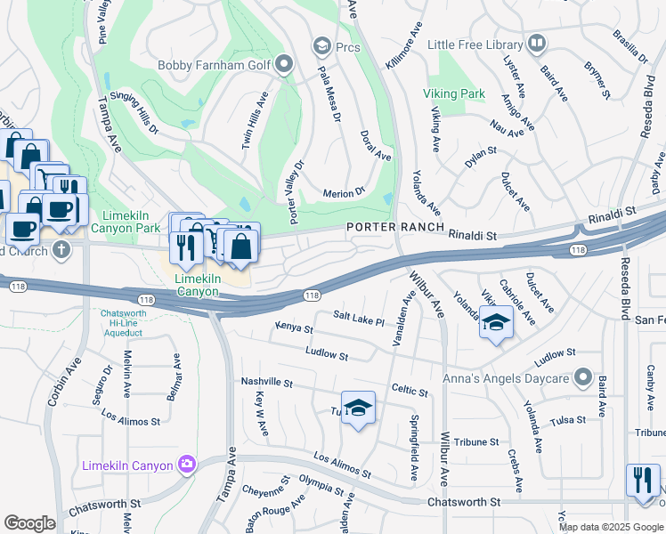 map of restaurants, bars, coffee shops, grocery stores, and more near 19168 Lahey Street in Los Angeles
