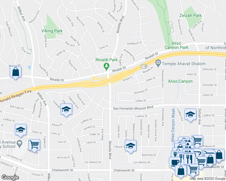map of restaurants, bars, coffee shops, grocery stores, and more near 11200 Reseda Boulevard in Los Angeles