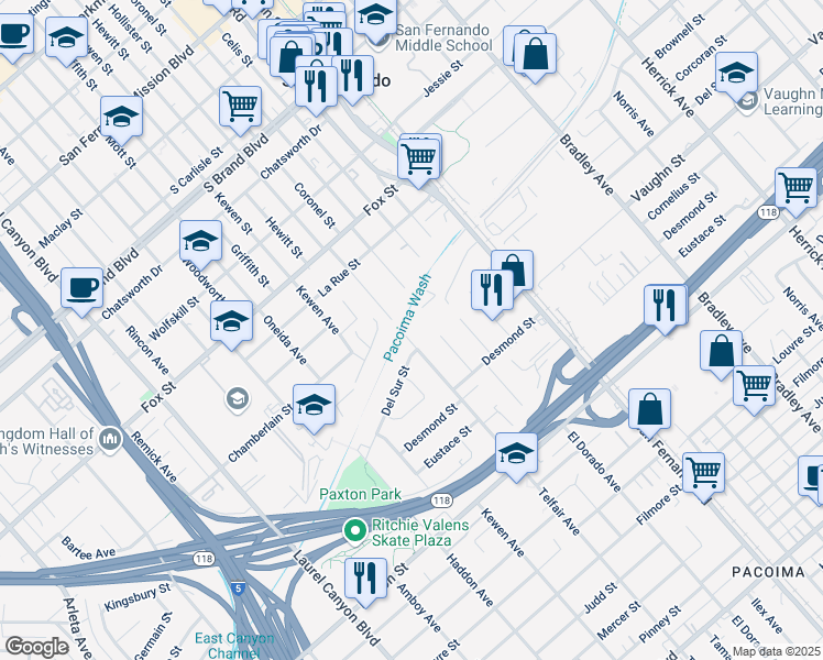 map of restaurants, bars, coffee shops, grocery stores, and more near 11200 Telfair Avenue in Los Angeles