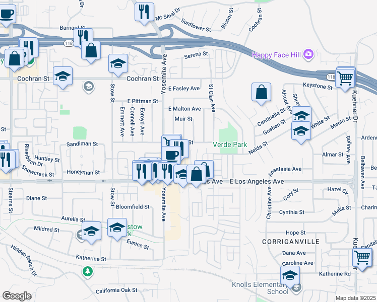 map of restaurants, bars, coffee shops, grocery stores, and more near 2090 Yosemite Avenue in Simi Valley