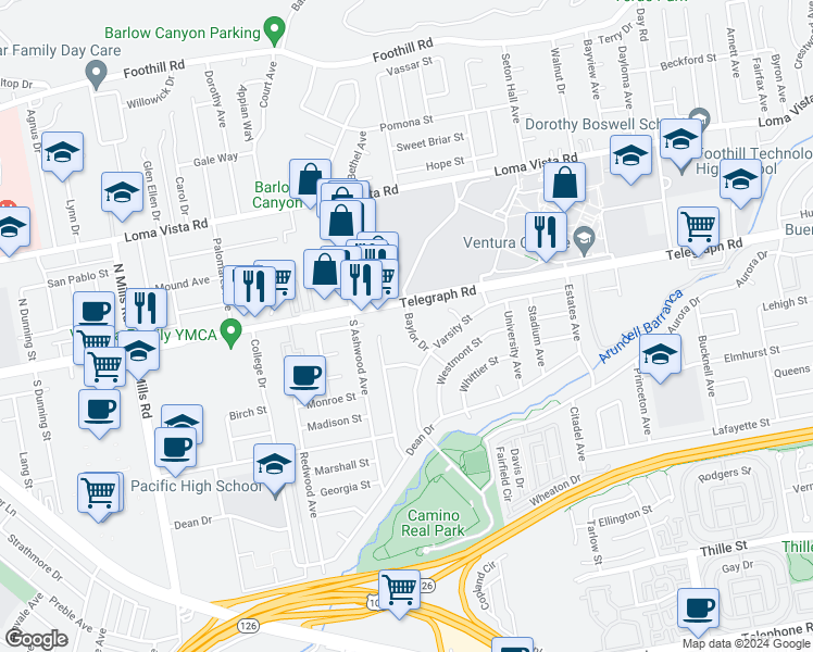 map of restaurants, bars, coffee shops, grocery stores, and more near 85 Baylor Drive in Ventura