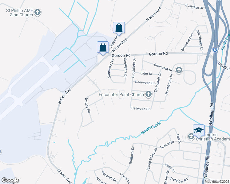 map of restaurants, bars, coffee shops, grocery stores, and more near 406 Monty Drive in Wilmington