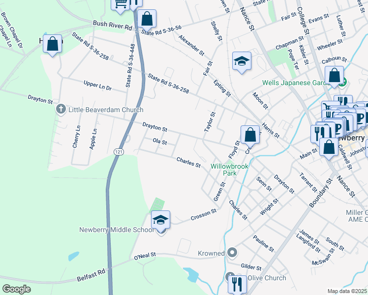 map of restaurants, bars, coffee shops, grocery stores, and more near 1935 Drayton Street in Newberry