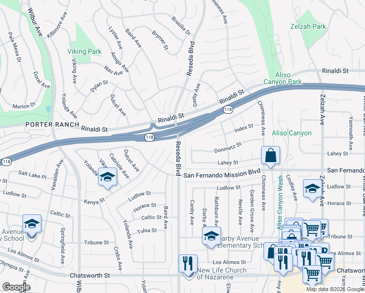 map of restaurants, bars, coffee shops, grocery stores, and more near 11200 Reseda Boulevard in Los Angeles