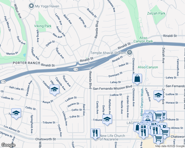map of restaurants, bars, coffee shops, grocery stores, and more near 11200 Reseda Boulevard in Los Angeles