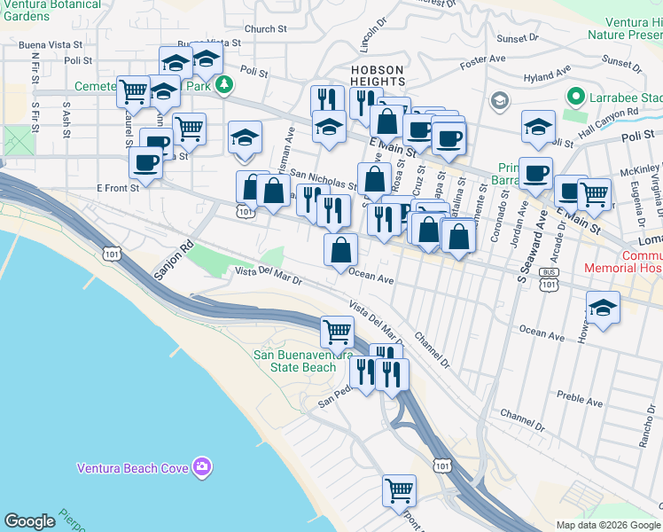 map of restaurants, bars, coffee shops, grocery stores, and more near 435 Hurst Avenue in Ventura