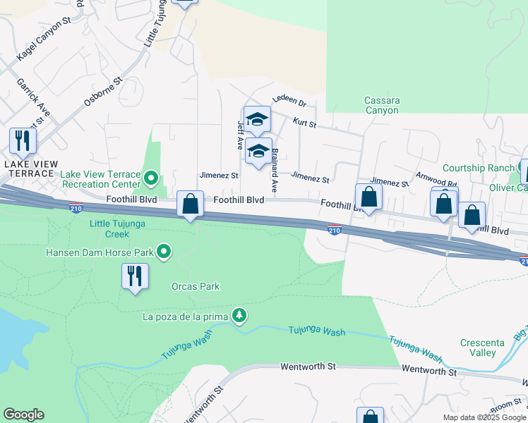 map of restaurants, bars, coffee shops, grocery stores, and more near 10708 Foothill Boulevard in Los Angeles