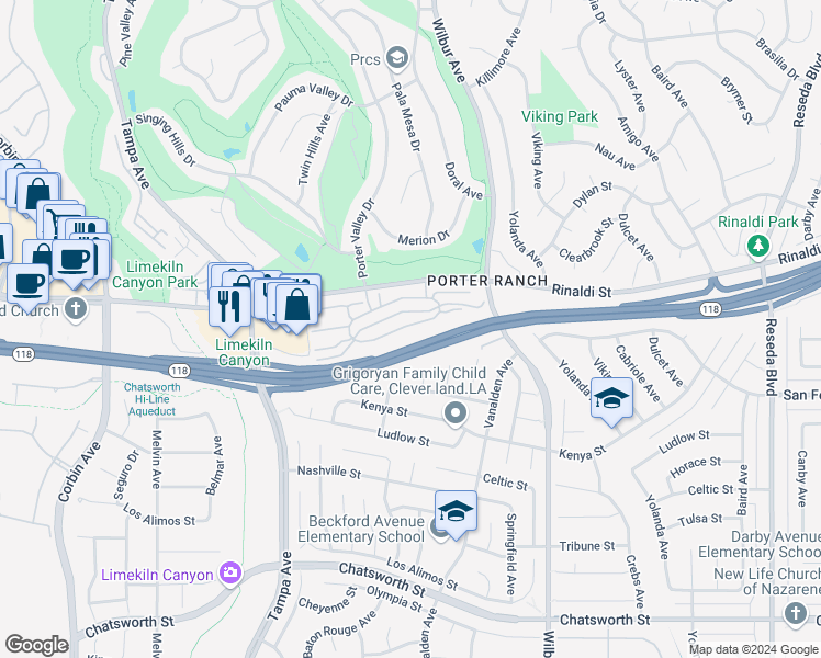 map of restaurants, bars, coffee shops, grocery stores, and more near 19200 Lahey Street in Los Angeles