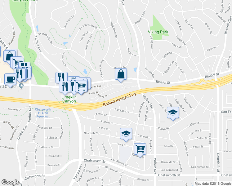 map of restaurants, bars, coffee shops, grocery stores, and more near 19140 Lahey Street in Los Angeles