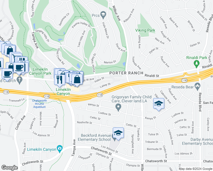 map of restaurants, bars, coffee shops, grocery stores, and more near 19200 Lahey Street in Los Angeles