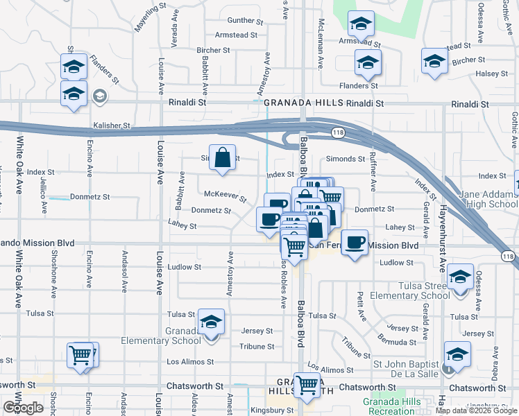 map of restaurants, bars, coffee shops, grocery stores, and more near 11200 Amestoy Avenue in Los Angeles