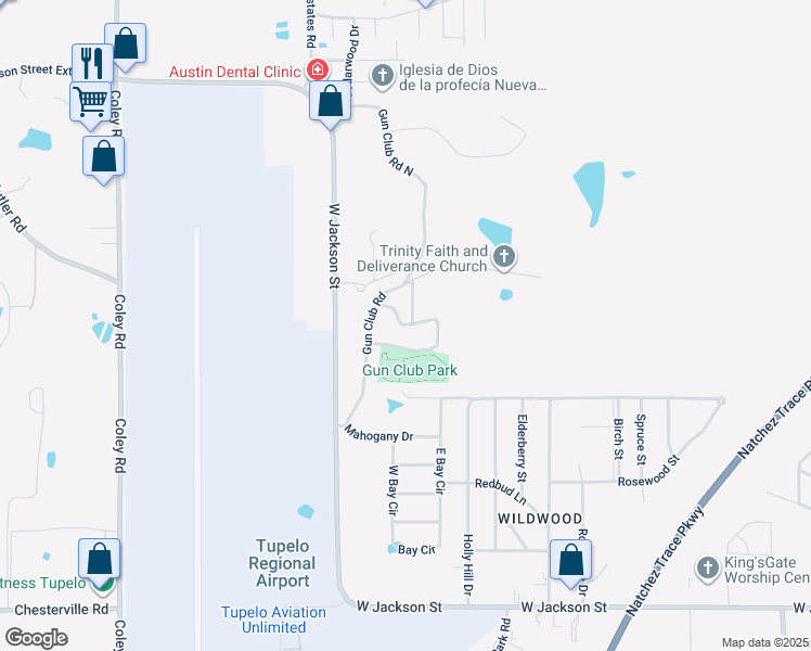 map of restaurants, bars, coffee shops, grocery stores, and more near 3404 Winchester Circle in Tupelo