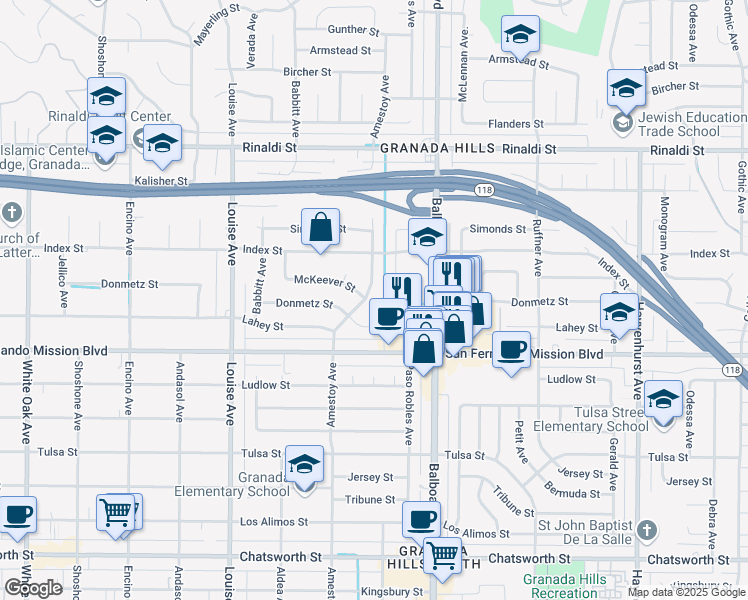 map of restaurants, bars, coffee shops, grocery stores, and more near 11200 Amestoy Avenue in Los Angeles