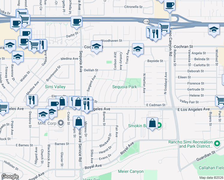 map of restaurants, bars, coffee shops, grocery stores, and more near 2117 Hurles Avenue in Simi Valley