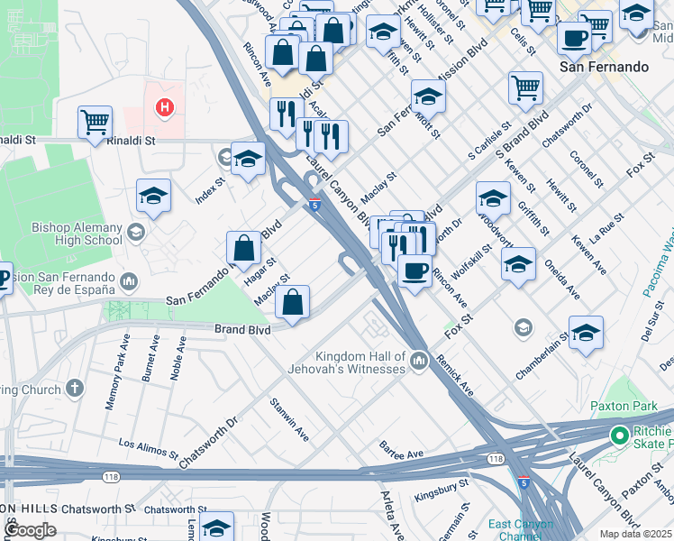 map of restaurants, bars, coffee shops, grocery stores, and more near 14625 South Brand Boulevard in Los Angeles