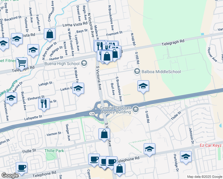 map of restaurants, bars, coffee shops, grocery stores, and more near 327 Burl Avenue in Ventura