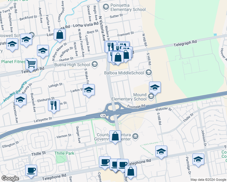 map of restaurants, bars, coffee shops, grocery stores, and more near 322 South Victoria Avenue in Ventura