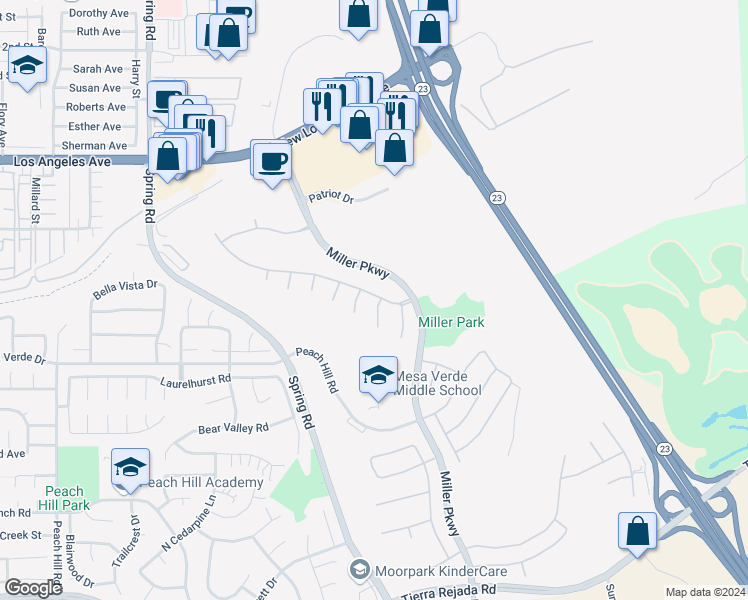 map of restaurants, bars, coffee shops, grocery stores, and more near 4591 Bluewood Court in Moorpark