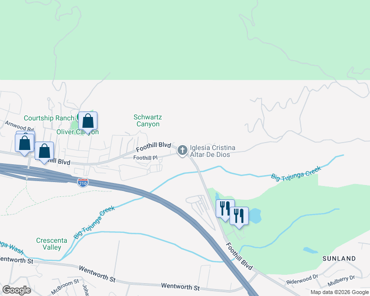 map of restaurants, bars, coffee shops, grocery stores, and more near 9701 Foothill Boulevard in Los Angeles