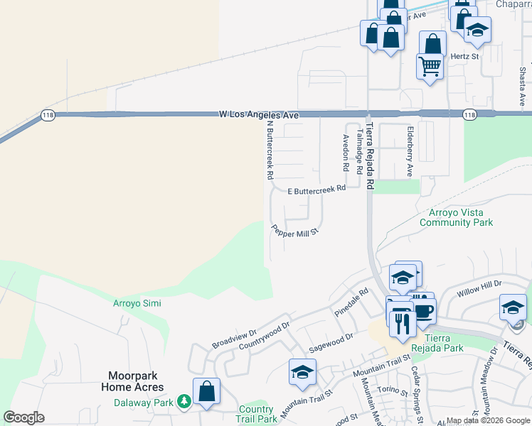 map of restaurants, bars, coffee shops, grocery stores, and more near 4615 Pepper Mill Street in Moorpark