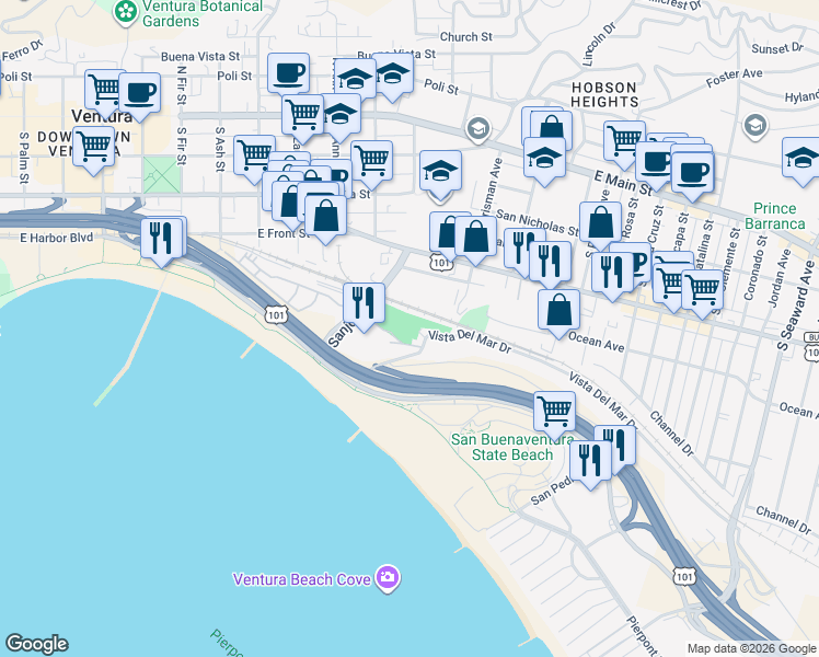map of restaurants, bars, coffee shops, grocery stores, and more near 1497 Vista Del Mar Place in Ventura