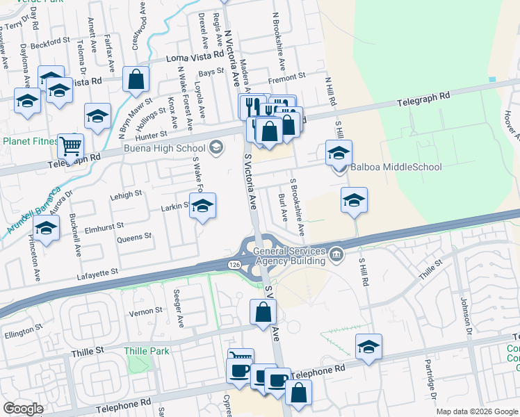 map of restaurants, bars, coffee shops, grocery stores, and more near 322 South Victoria Avenue in Ventura