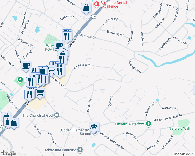 map of restaurants, bars, coffee shops, grocery stores, and more near 7301 Wendover Lane in Wilmington