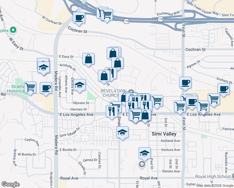 map of restaurants, bars, coffee shops, grocery stores, and more near 490 East Easy Street in Simi Valley