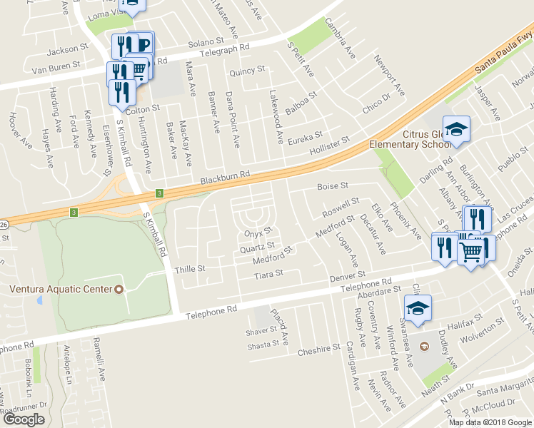 map of restaurants, bars, coffee shops, grocery stores, and more near 8240 Silver Circle in Ventura