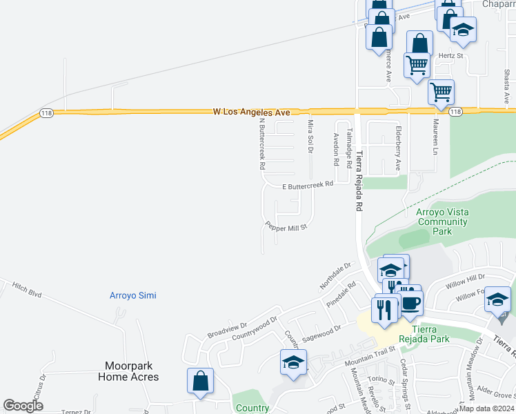 map of restaurants, bars, coffee shops, grocery stores, and more near 4615 Pepper Mill Street in Moorpark