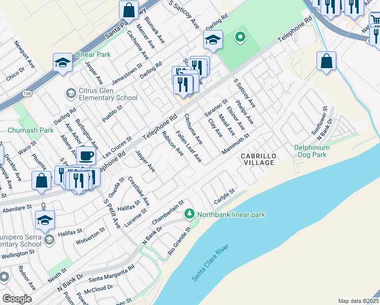 map of restaurants, bars, coffee shops, grocery stores, and more near 1321 Fallen Leaf Avenue in Ventura