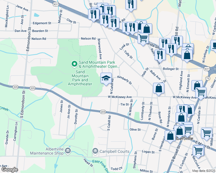 map of restaurants, bars, coffee shops, grocery stores, and more near 901 West McKinney Avenue in Albertville