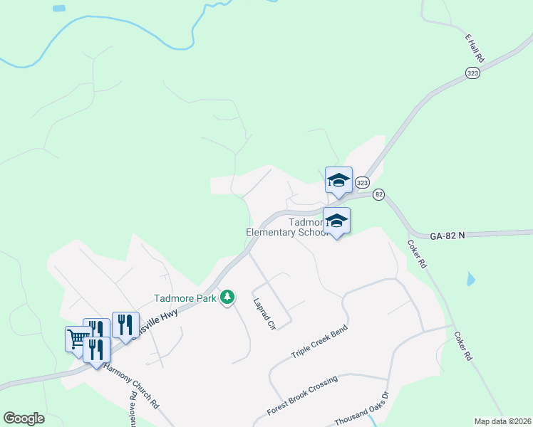 map of restaurants, bars, coffee shops, grocery stores, and more near 3526 Suggs Road in Gainesville