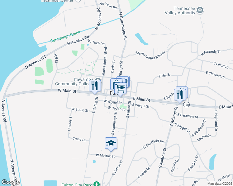 map of restaurants, bars, coffee shops, grocery stores, and more near in Fulton