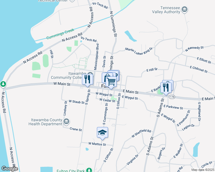 map of restaurants, bars, coffee shops, grocery stores, and more near in Fulton
