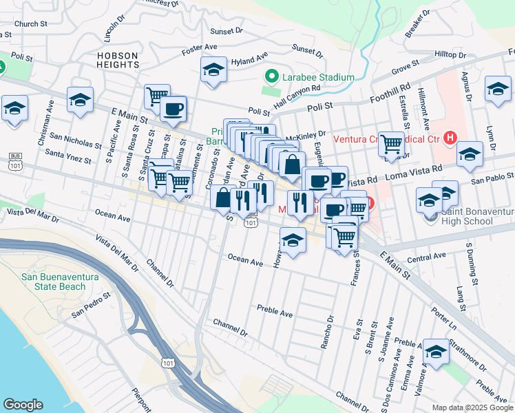 map of restaurants, bars, coffee shops, grocery stores, and more near 178 Arcade Drive in Ventura