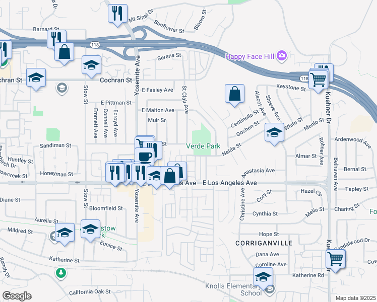 map of restaurants, bars, coffee shops, grocery stores, and more near 6002 Nelda Street in Simi Valley