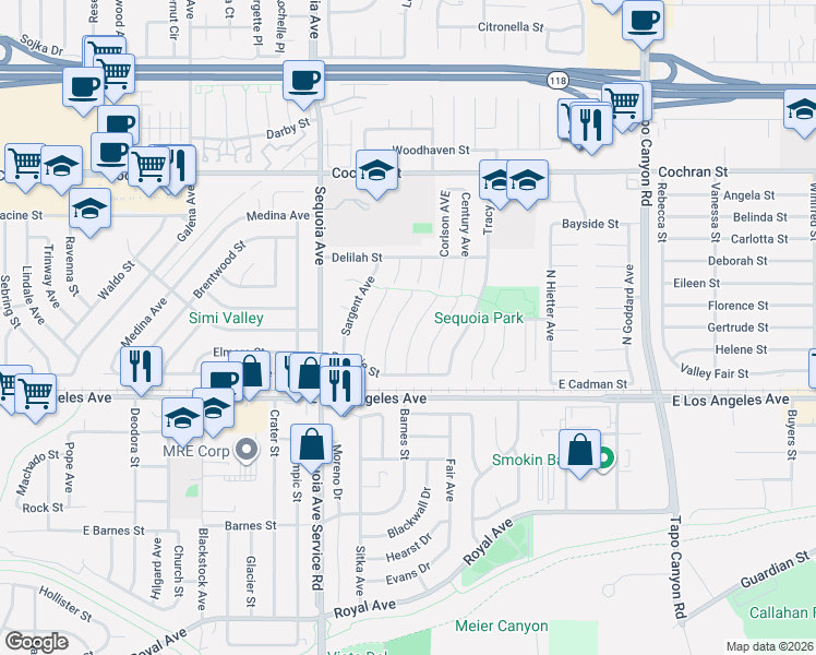 map of restaurants, bars, coffee shops, grocery stores, and more near 2079 Hurles Avenue in Simi Valley