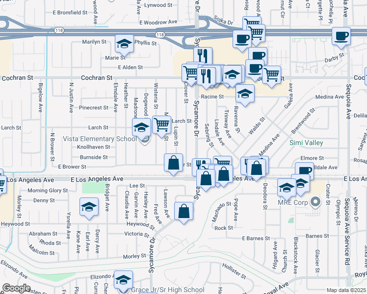 map of restaurants, bars, coffee shops, grocery stores, and more near 2072 Clover Street in Simi Valley
