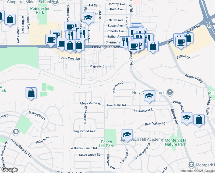 map of restaurants, bars, coffee shops, grocery stores, and more near 4535 Bella Vista Drive in Moorpark