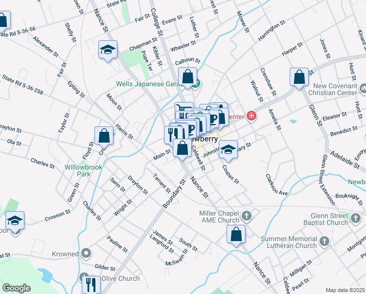 map of restaurants, bars, coffee shops, grocery stores, and more near 1008 Main Street in Newberry