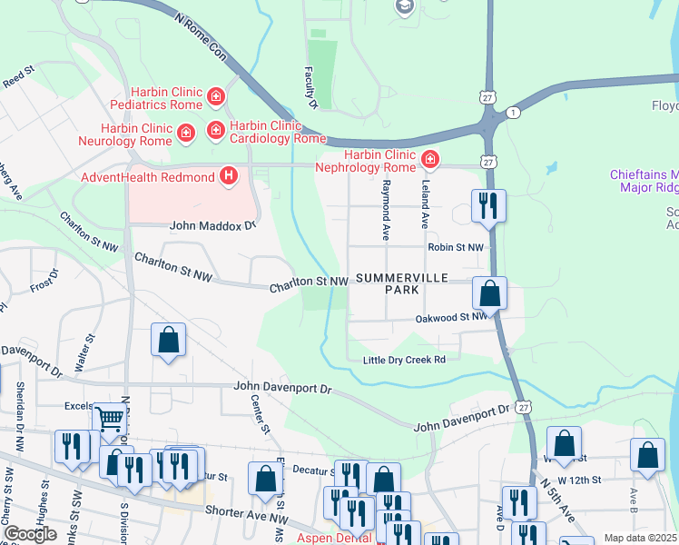 map of restaurants, bars, coffee shops, grocery stores, and more near 300 Charlton Street Northwest in Rome